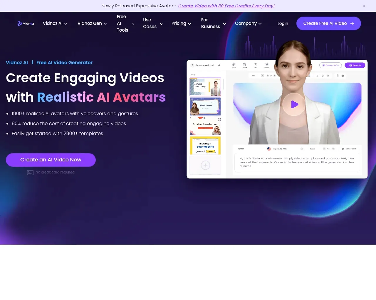 Vidnoz AI video generator — avatars, templates and voice options for building a video from a script