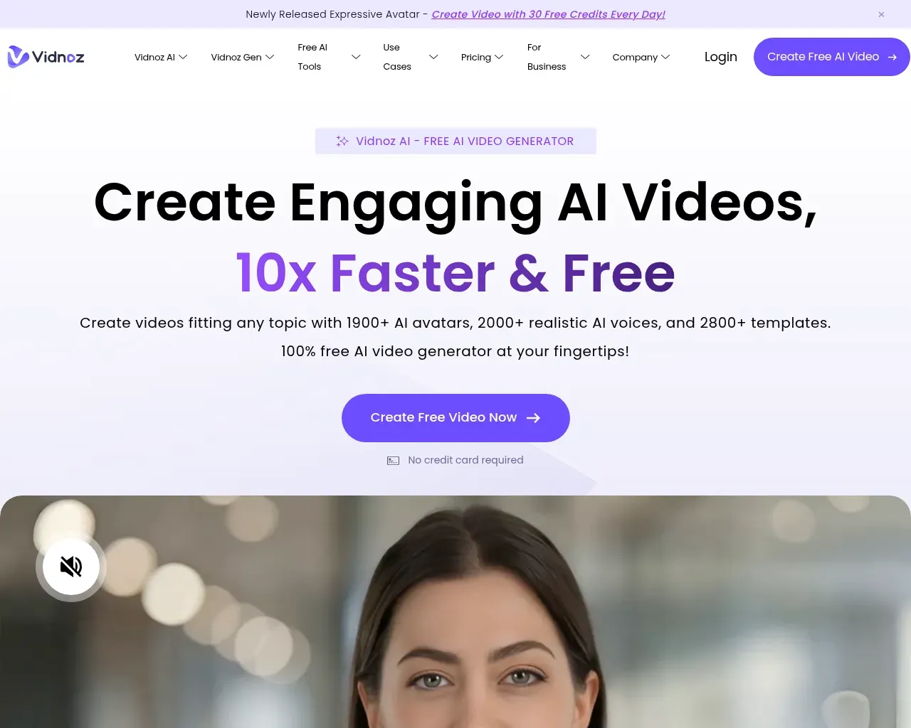 Vidnoz AI homepage — the free AI video generator hero, advertising 1,900+ avatars and 2,000+ voices
