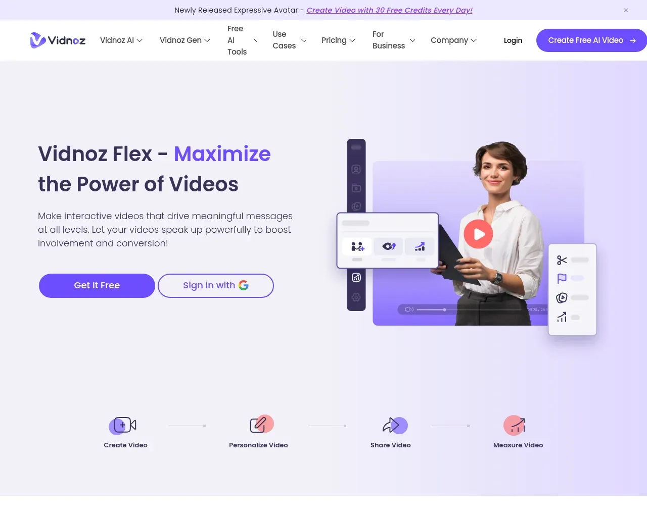 Vidnoz Flex 首页，展示"创建、个性化、分享、衡量"工作流