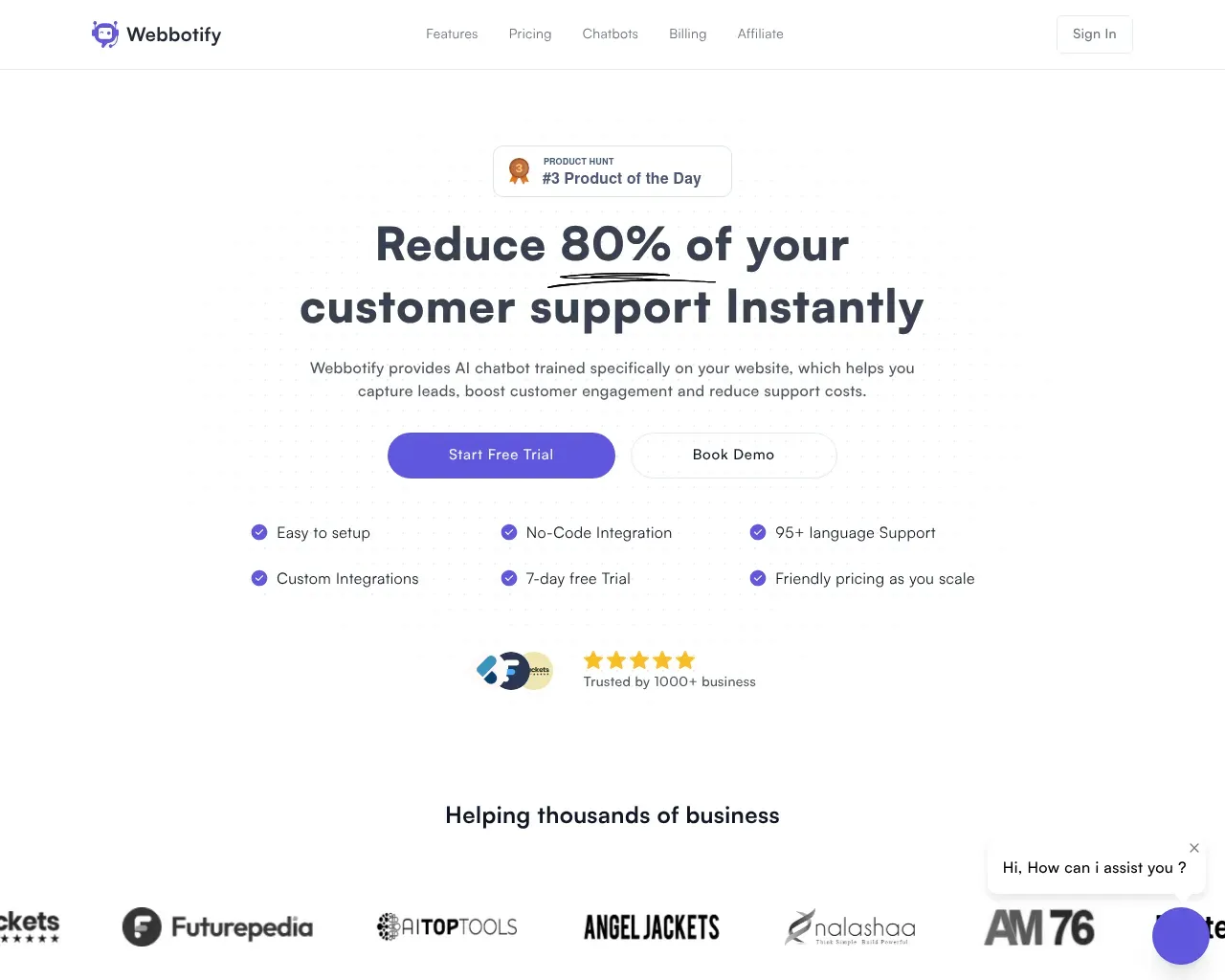 Webbotify 主页显示标题"立即减少 80% 的客户支持"，Product Hunt 第 3 名当日产品徽章，以及包含无代码集成和 95+ 语言支持的功能清单