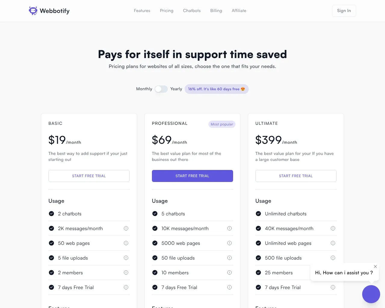 Webbotify 定价页面，并排显示三个月度级别：Basic $19，Professional $69 标注"最受欢迎"，Ultimate $399，每个级别列出聊天机器人、消息和网页限制