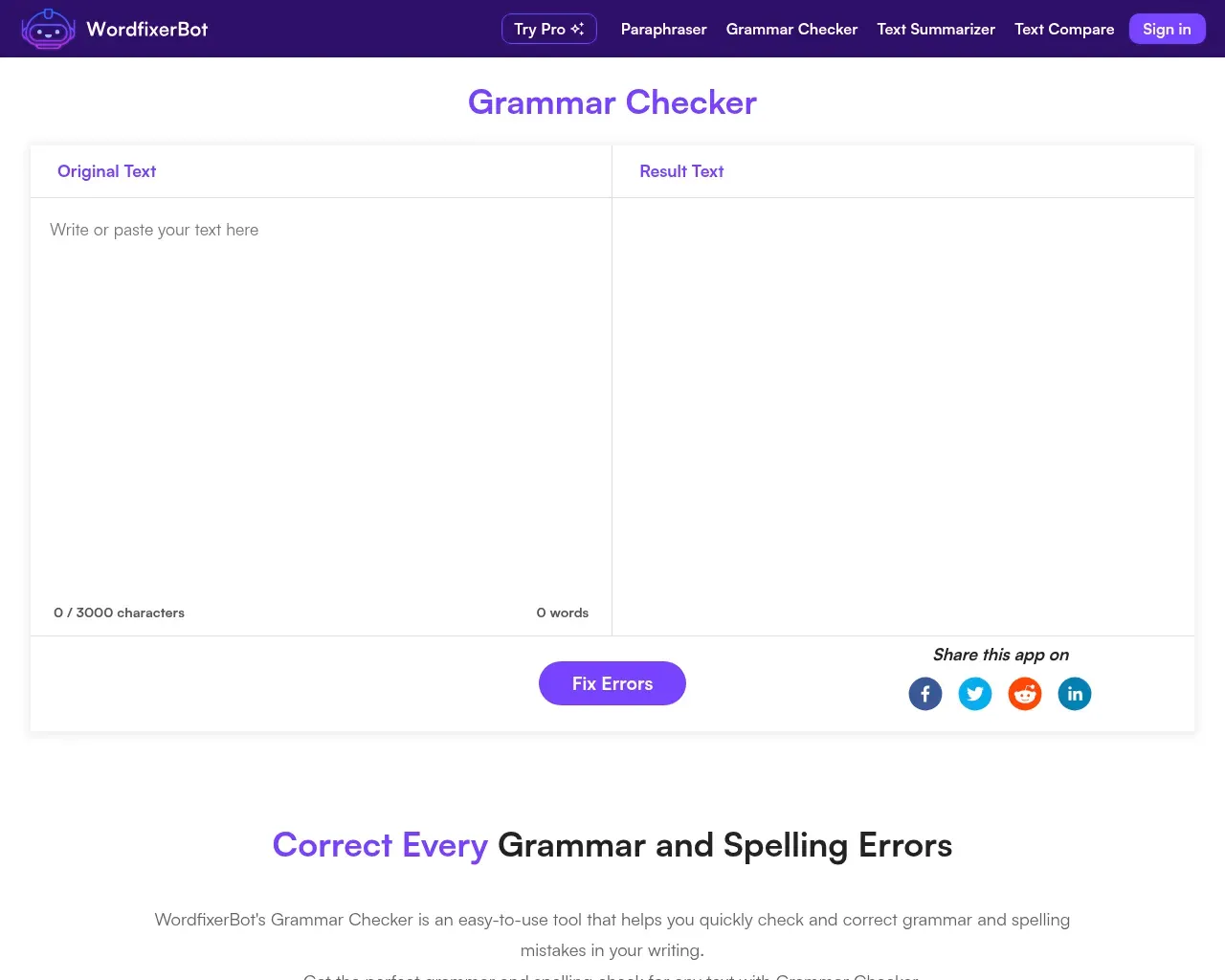WordfixerBot grammar checker interface with a 3,000-character input box