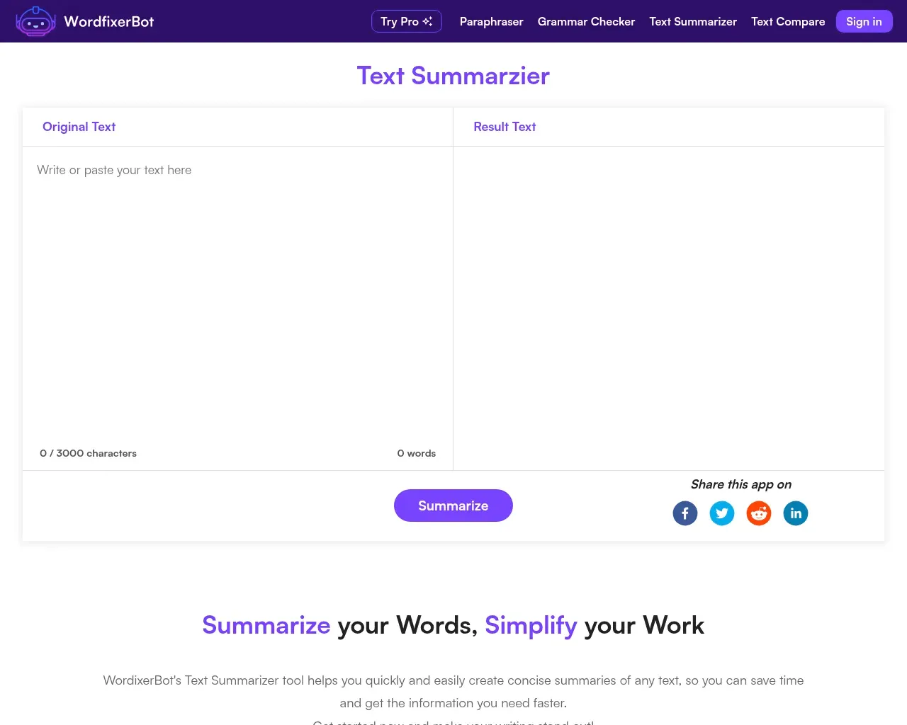 WordfixerBot text summarizer condensing a passage into a shorter paragraph