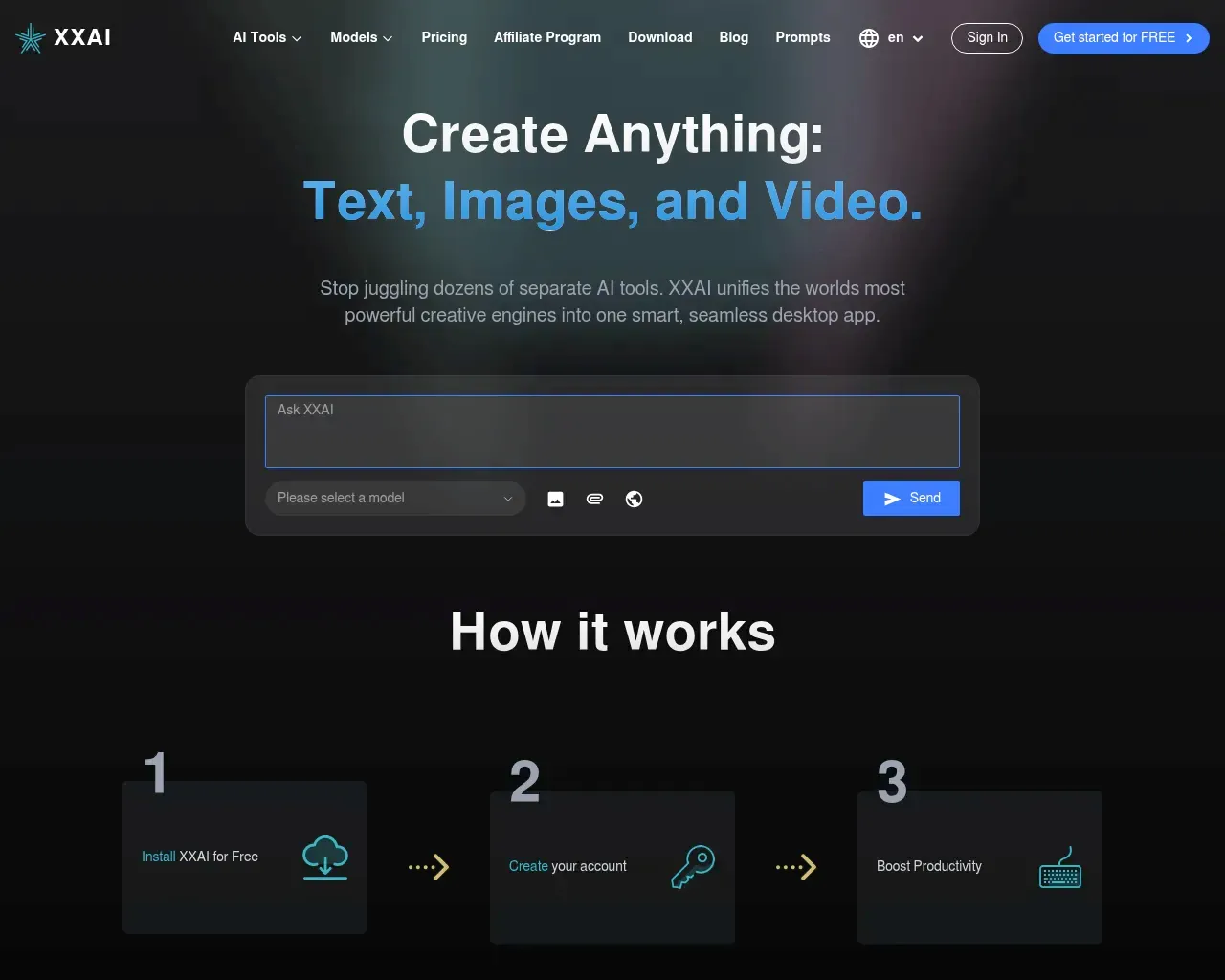 Héroe de la página principal de XXAI — "Create Anything: Text, Images and Video," con el cuadro de consulta, un selector de modelos y el proceso de tres pasos "How it works"
