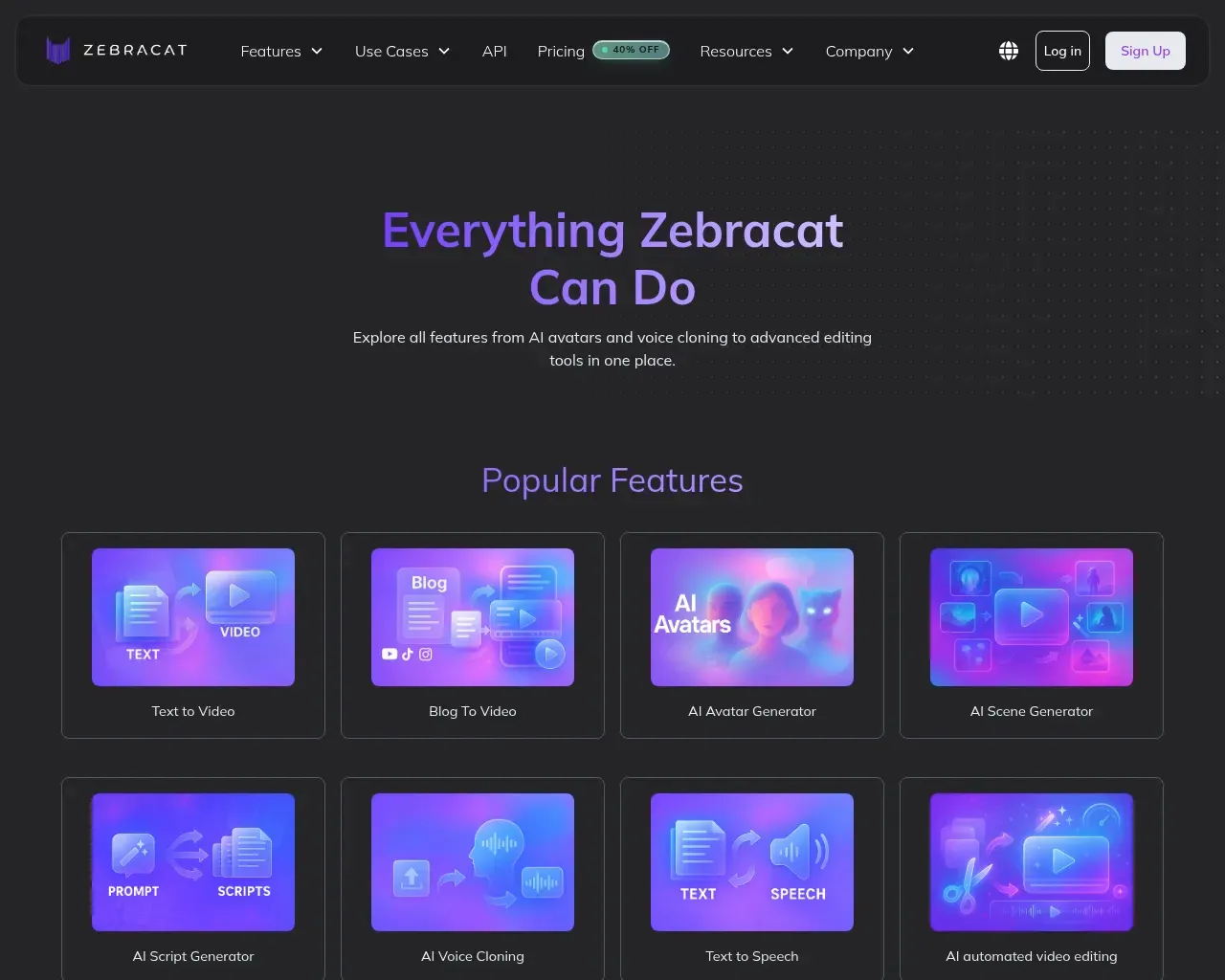 Zebracat features overview — text-to-video, AI avatars, scene generation, voice cloning, and automated editing