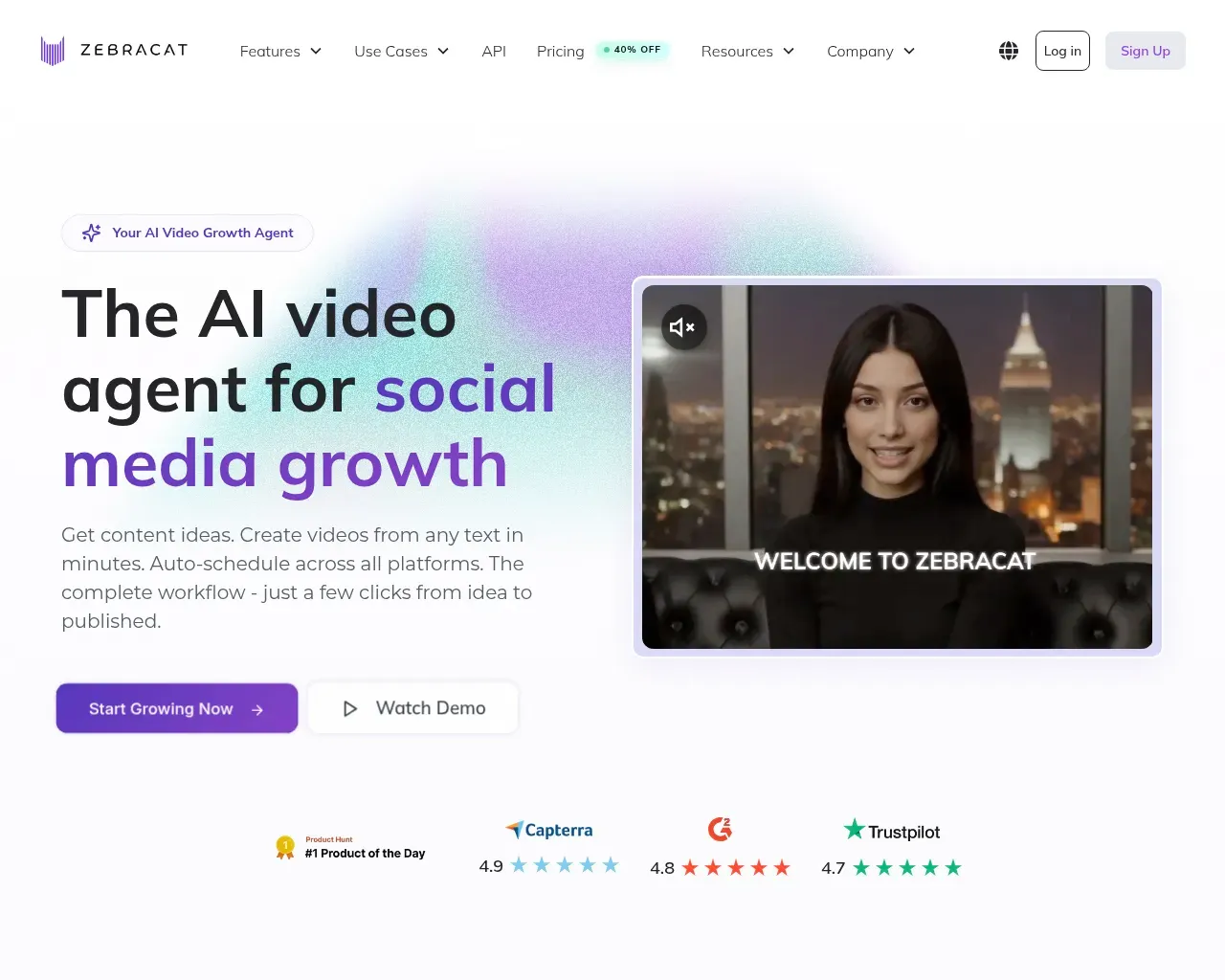 Zebracat homepage — the AI video agent for social media growth hero with a demo clip and review-badge ratings
