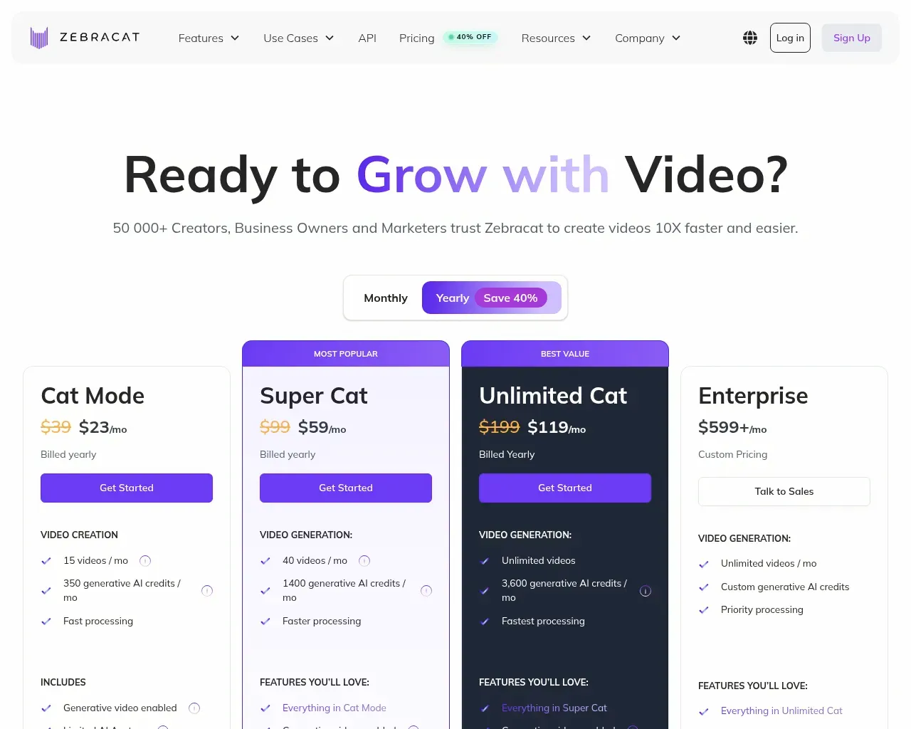Zebracat pricing page — Cat Mode and Super Cat monthly tiers with per-plan video and credit limits