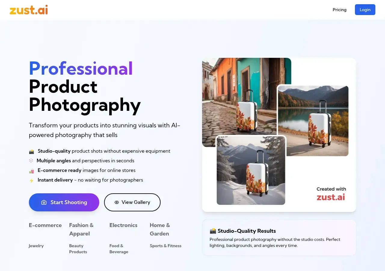 Héroe de la página de inicio de Zust AI — titular de fotografía de producto con IA y fichas de categorías