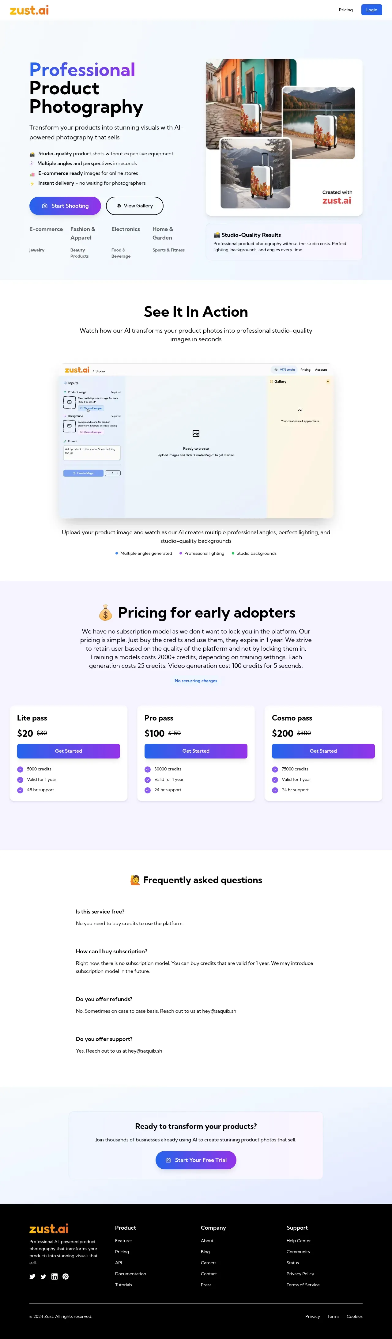 Página de inicio completa de Zust AI — funciones, flujo de trabajo y precios de packs de créditos