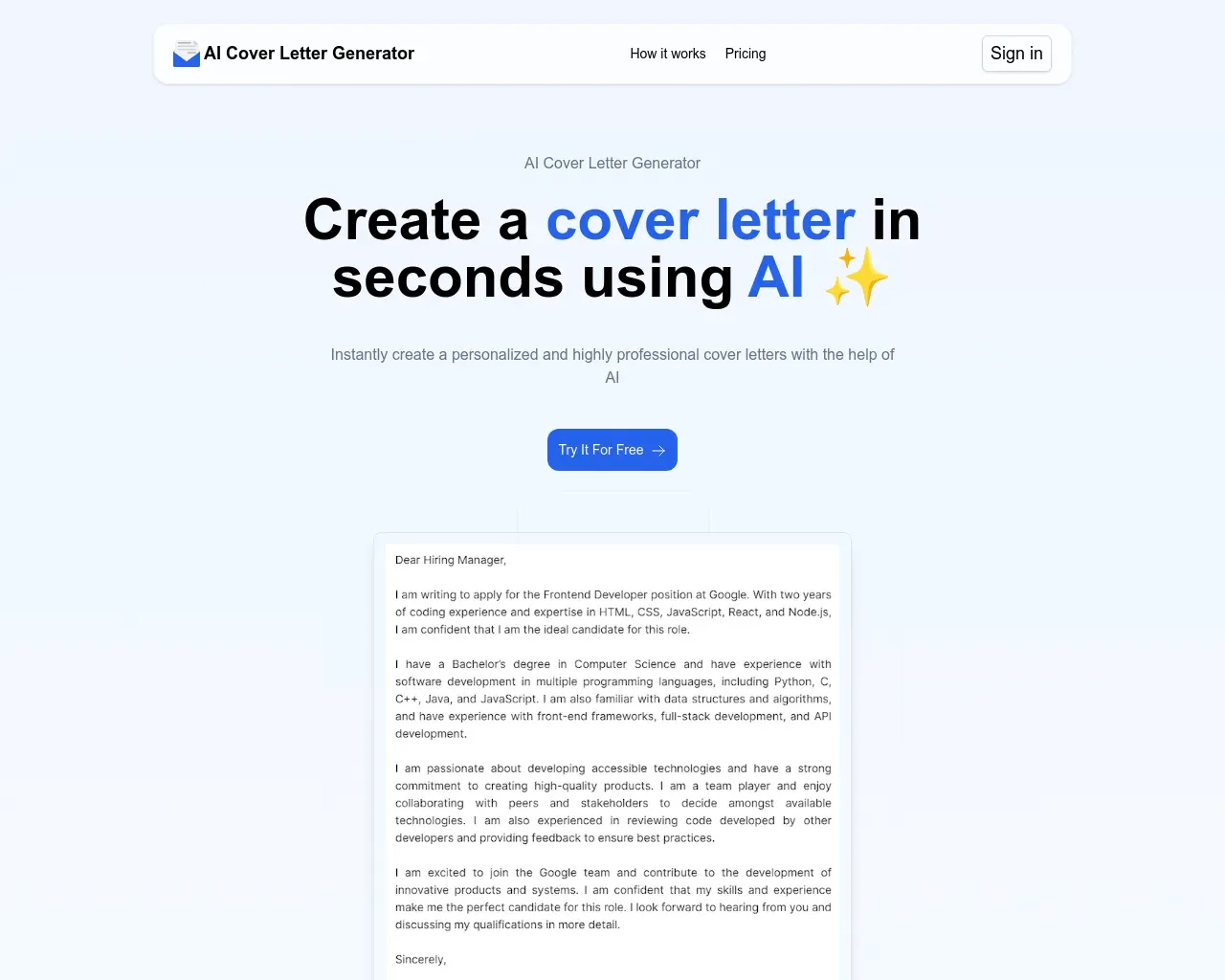 AI Cover Letter Generator
