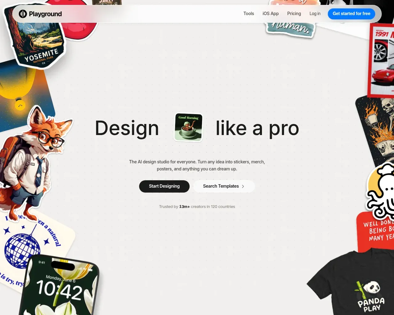 Playground AI design studio homepage with template categories