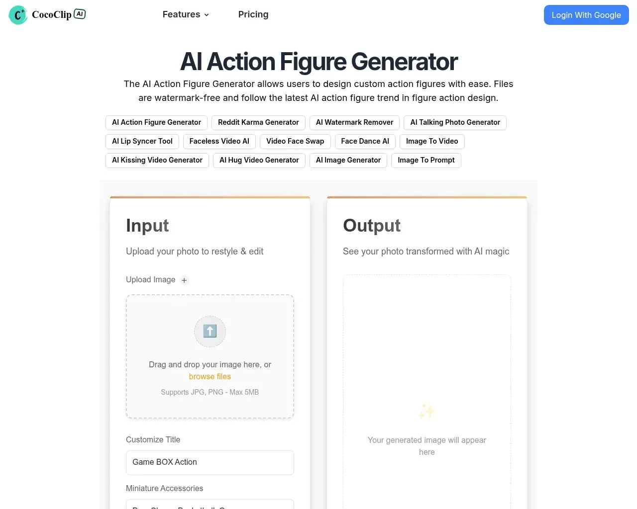 CoCoClip.AI AI Action Figure Generator page with an upload-photo input panel on the left and a generated-output panel on the right, above a row of tool tabs