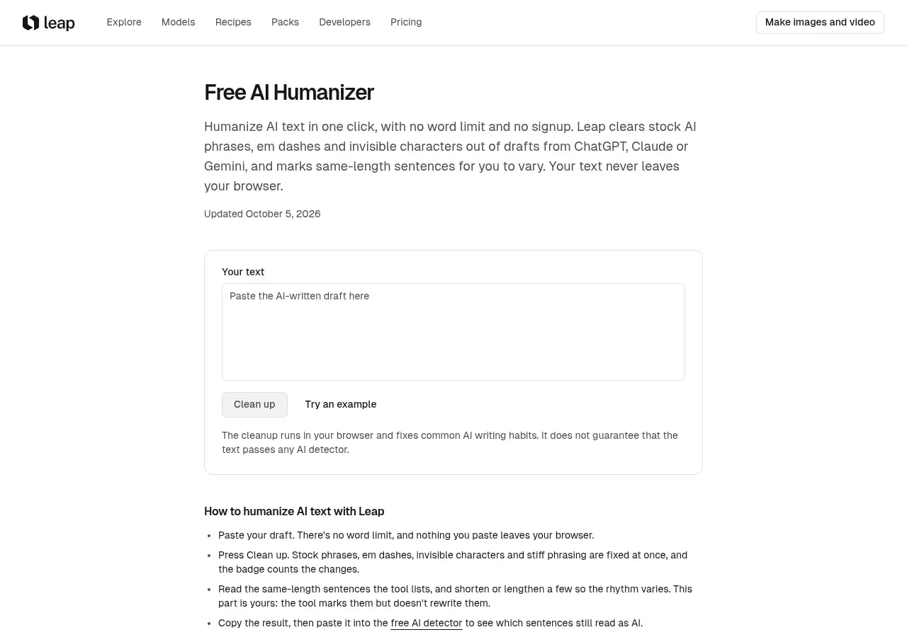 Leap Free AI Humanizer tool page, noting the cleanup runs in your browser and does not guarantee passing any AI detector