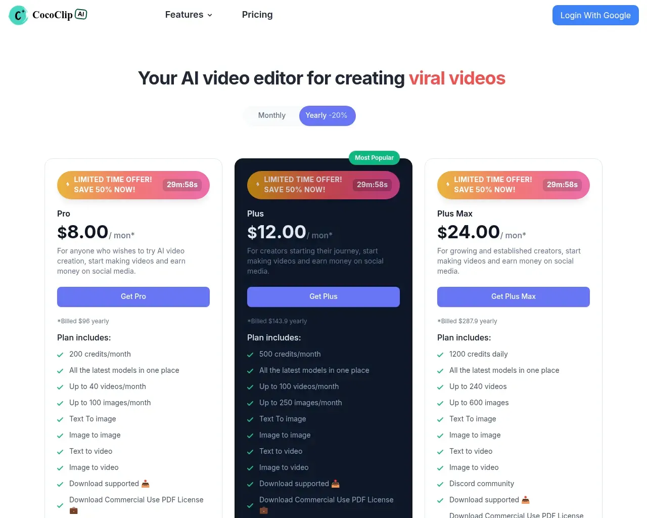 CoCoClip.AI pricing page with three tiers — Pro $8, Plus $12, Plus Max $24 per month billed yearly — each showing a "Save 50% now" countdown banner