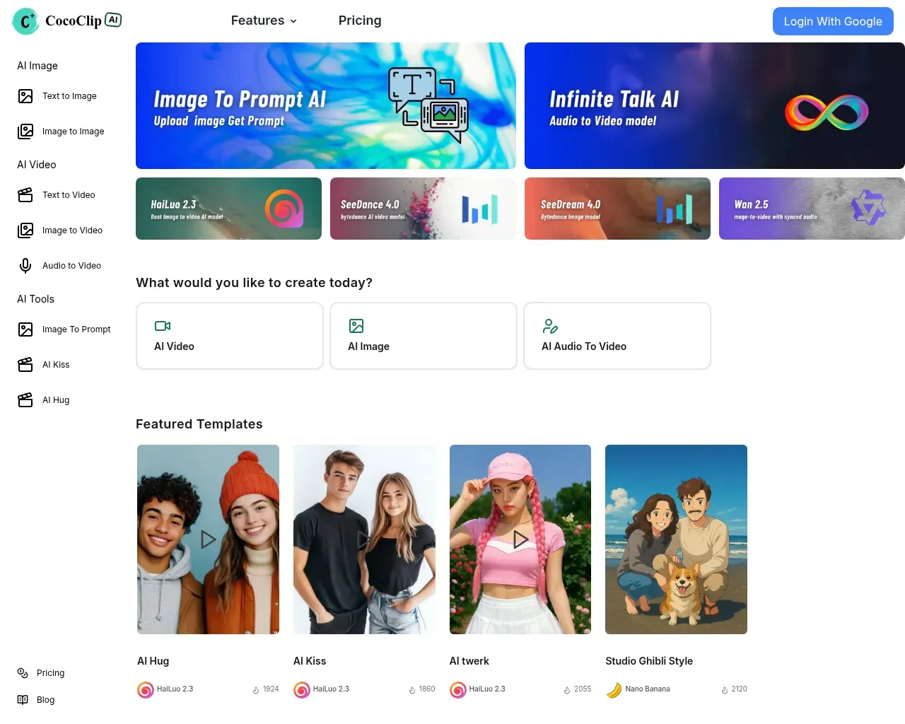 CoCoClip.AI homepage showing the model lineup — HaiLuo 2.3, SeeDance 4.0, SeeDream 4.0, Wan 2.5, Nano Banana — and the AI Video, AI Image and audio-to-video creation modes