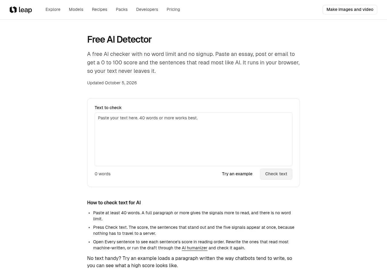 Leap Free AI Detector tool page with a paste box, a 0-to-100 score prompt, and the note that it runs in your browser
